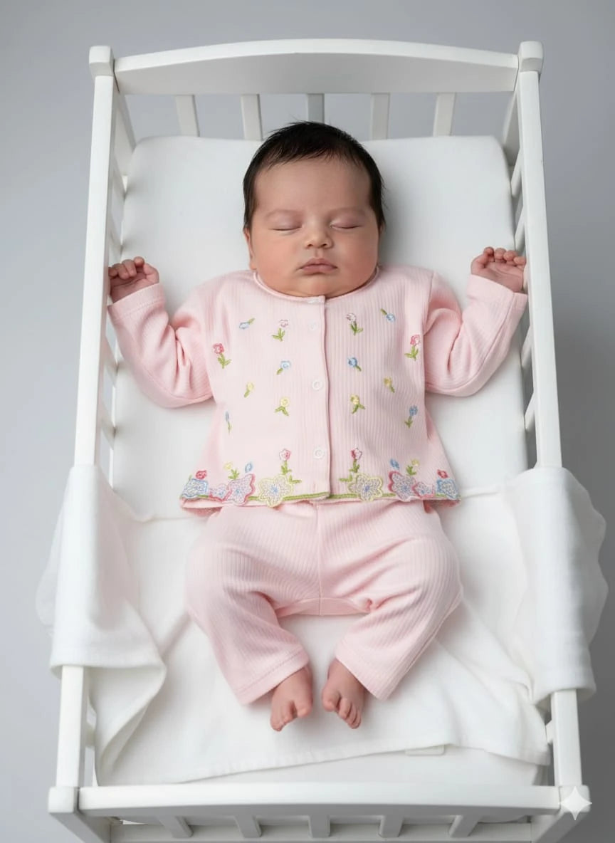 1922 ÇİÇEK NAKIŞ DETAYLI ÖNDEN ÇITÇITLI TAKIM  - Somon / 0-3 Ay