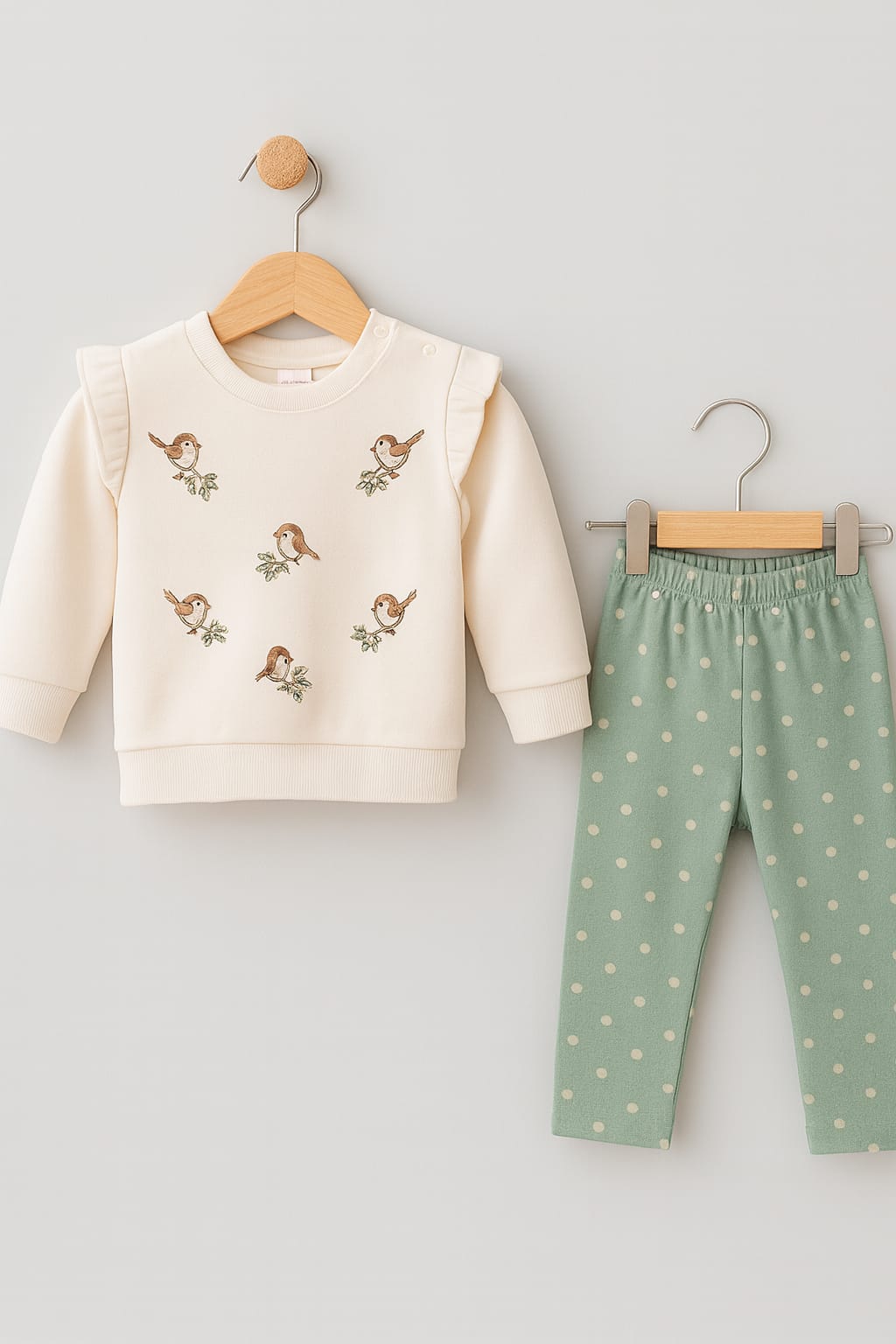 1950 KUŞ NAKIŞLI OMUZ DETAY TAKIM - Yeşil / 6-9 Ay