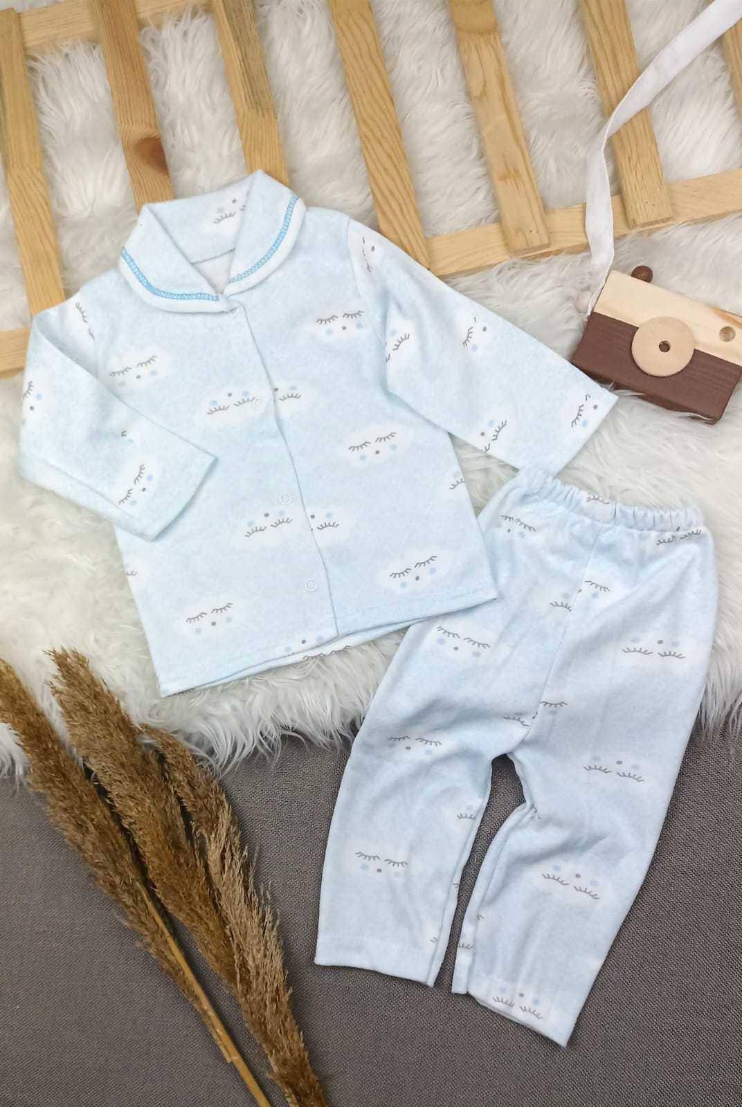 TKM-1179 BULUT DESEN BEBE YAKA ÖNDEN ÇITÇITLI TAKIM  - Mavi / 3-6 Ay