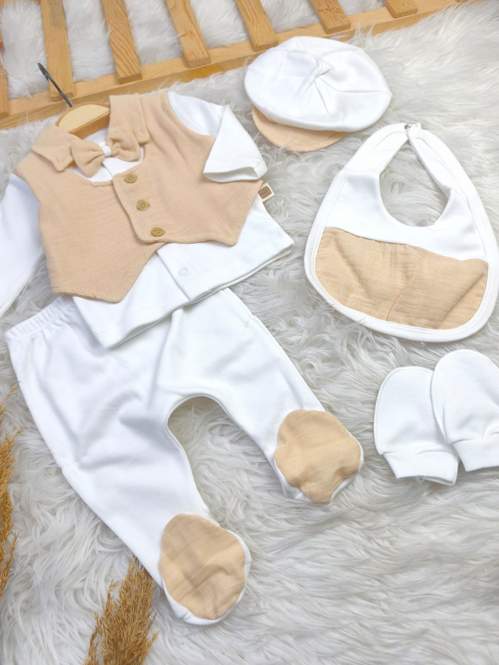 433182 MÜSLİN YELEK DETAYLI 5'Lİ HASTANE ÇIKIŞI SETİ - Yeşil / 0-3 Ay