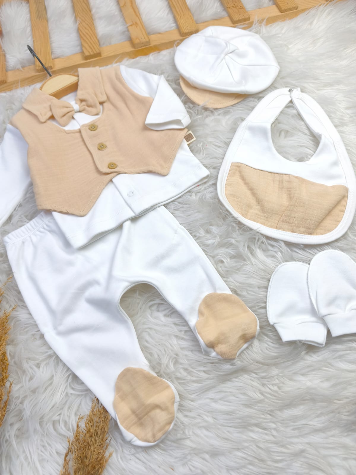 433182 MÜSLİN YELEK DETAYLI 5'Lİ HASTANE ÇIKIŞI SETİ - Yeşil / 0-3 Ay