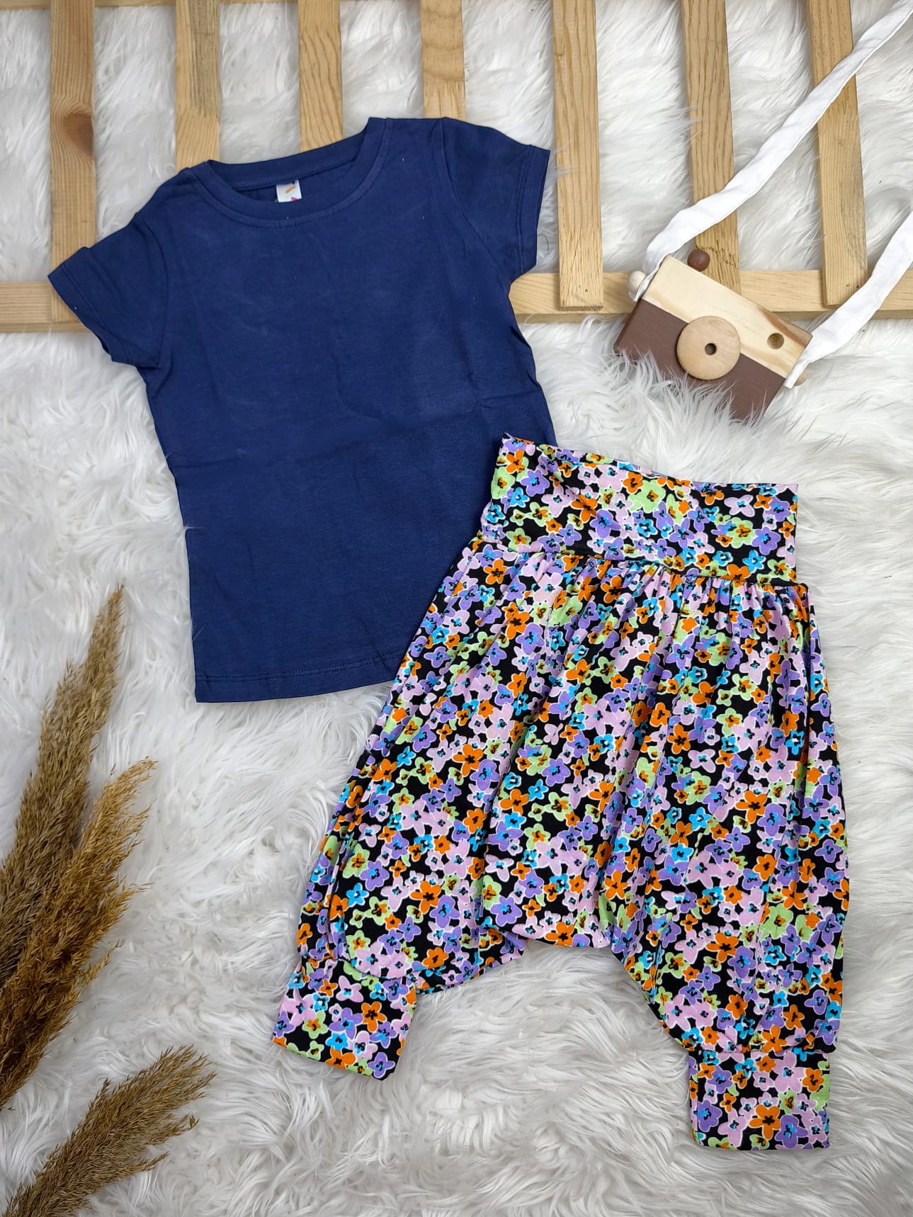 Kız Çocuk  Çiçek Desen Rahat Kullanım Pamuk Kumaş Şalvar  - Siyah / 2 Yaş