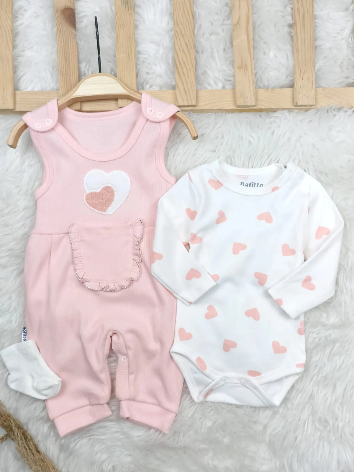 1457 KALP NAKIŞLI ÖNDEN CEPLİ SLOPET TULUM SETİ  - Somon / 3-6 Ay