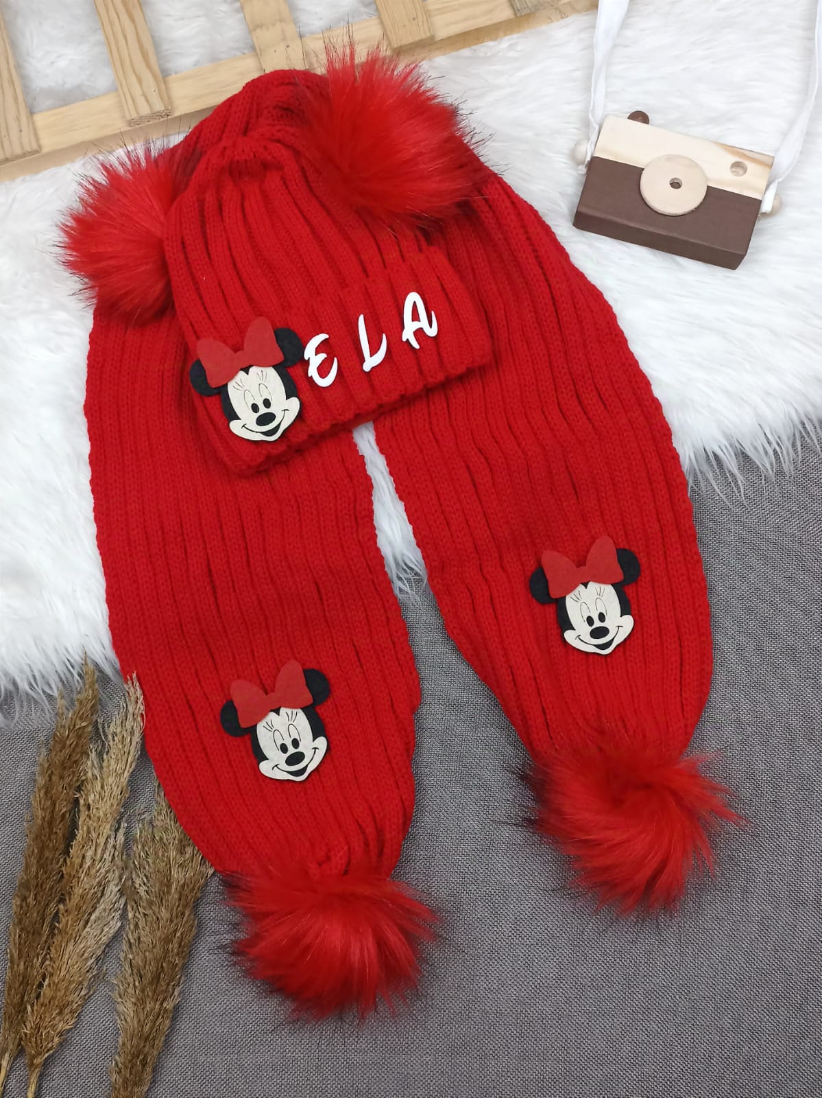 B0204 KIRMIZI POPON KIZ İSME ÖZEL TRİKO BERE SETİ - 5