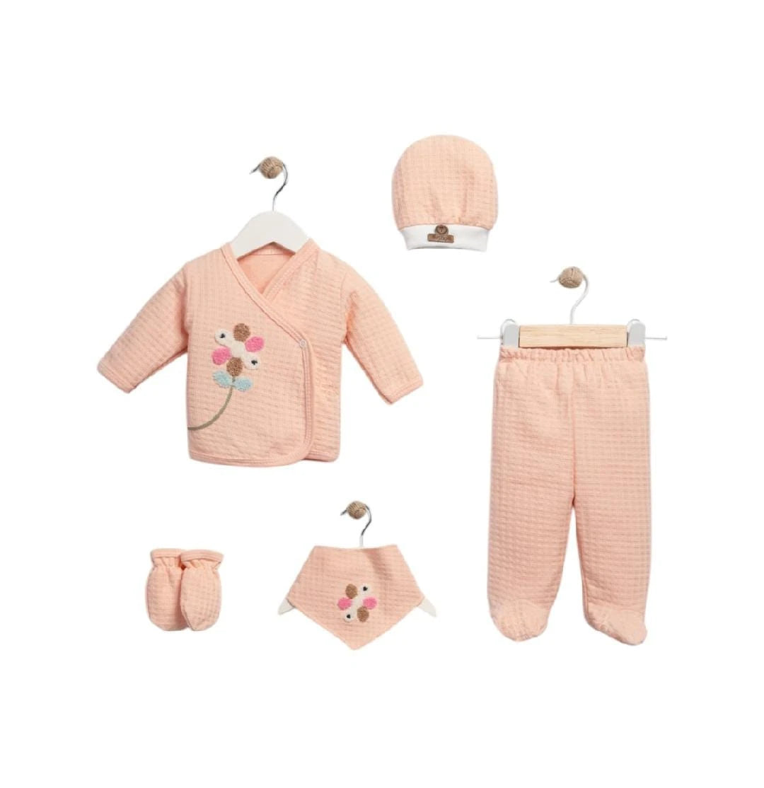 425022 ÇİÇEK NALIŞLI WAFFLE ORGANİK 5'Lİ HASTANE ÇIKIŞI SETİ