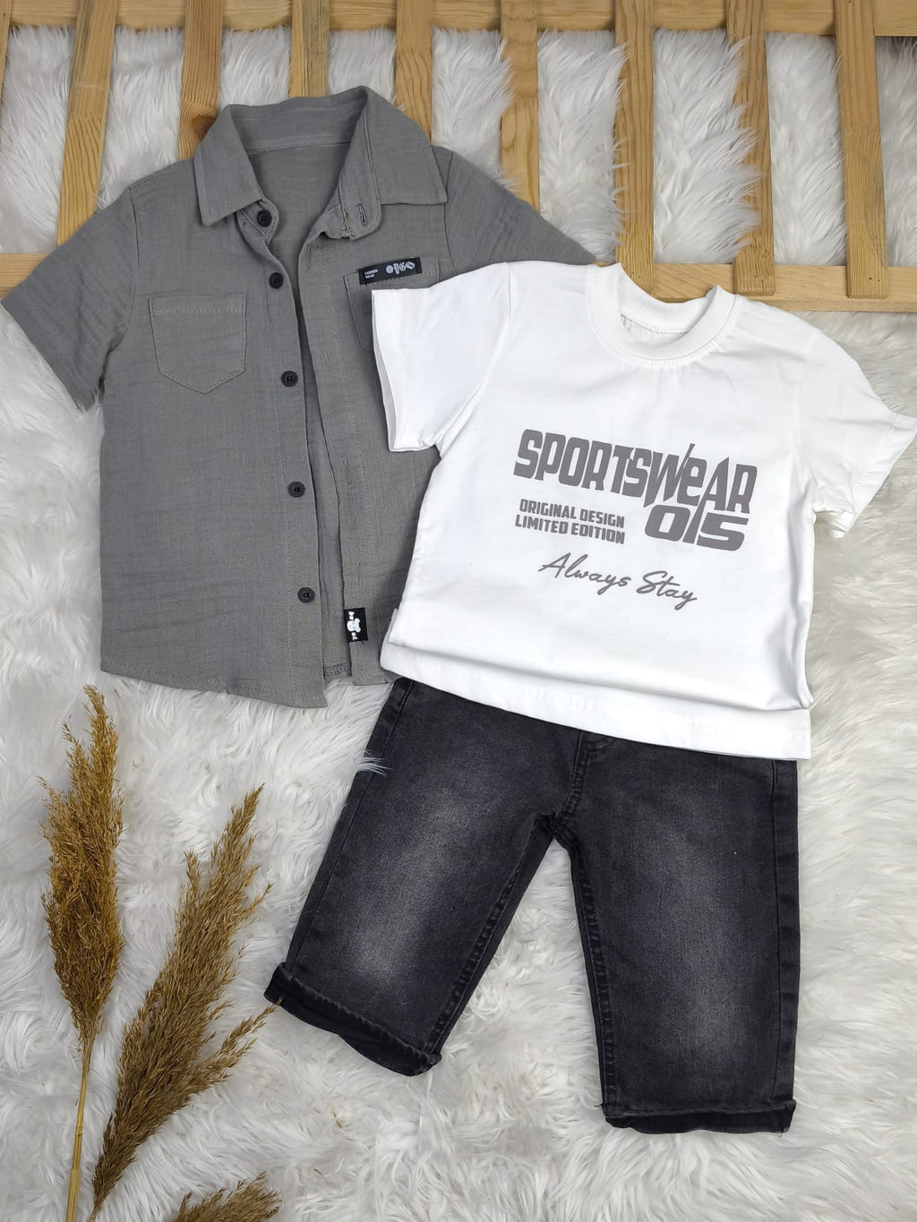 9107 MÜSLİN GÖMLEKLİ KOT KAPRİLİ 3'LÜ TAKIM