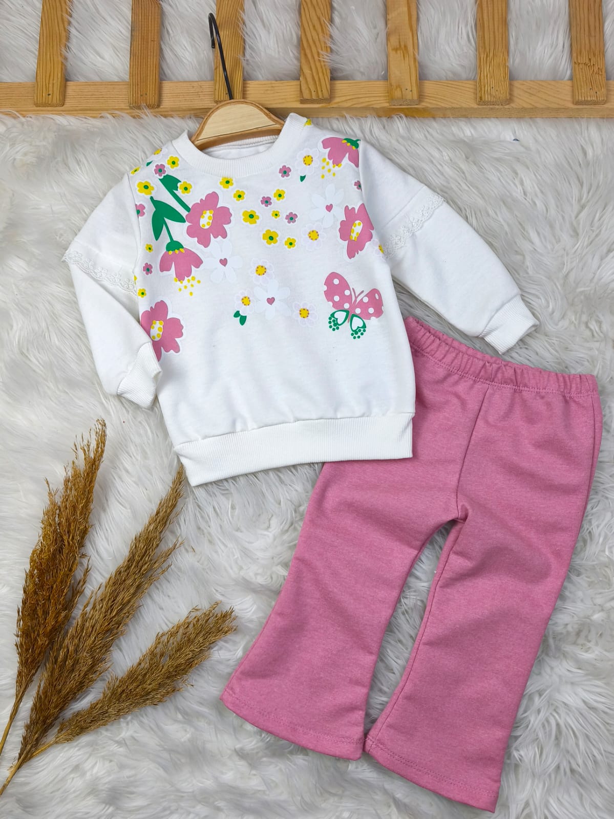 1921 ÇİÇEKLİ KOL DANTEL DETAYLI ISPANYOL PAÇA TAKIM - Turuncu / 9-12 Ay