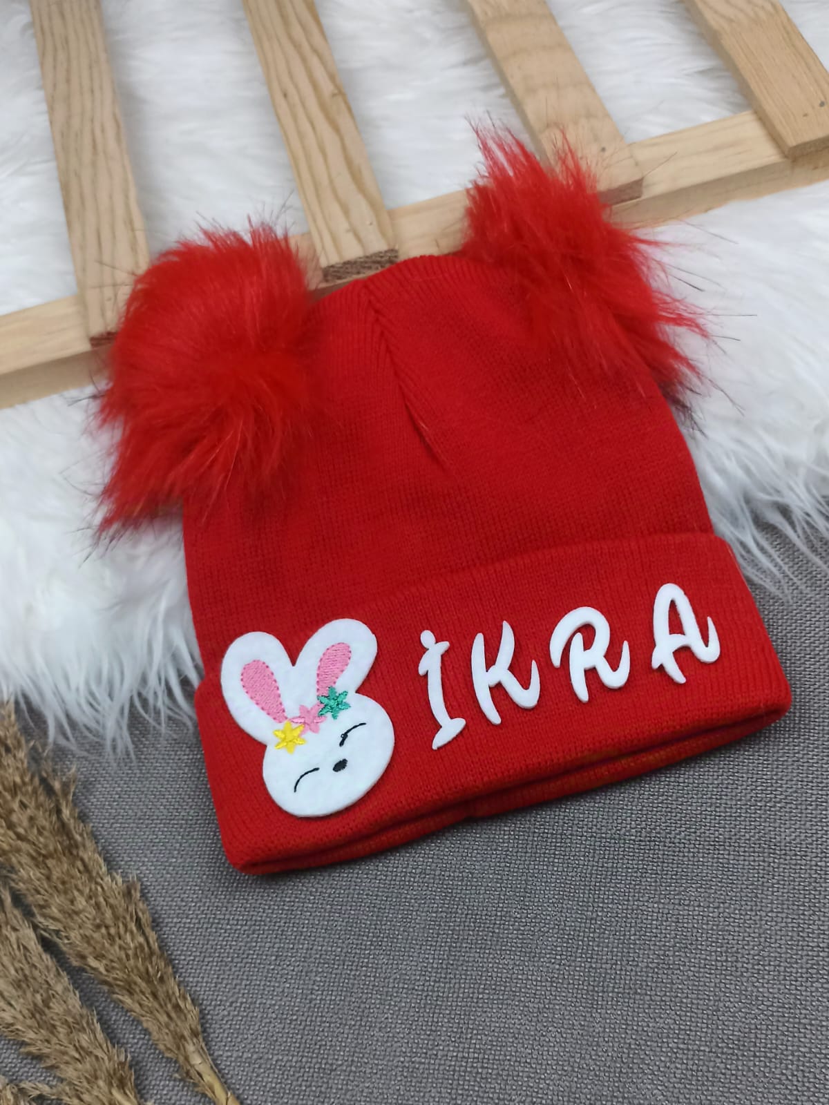 B0322 KIRMIZI PONPON KIZ İSME ÖZEL TRİKO BERE - 3