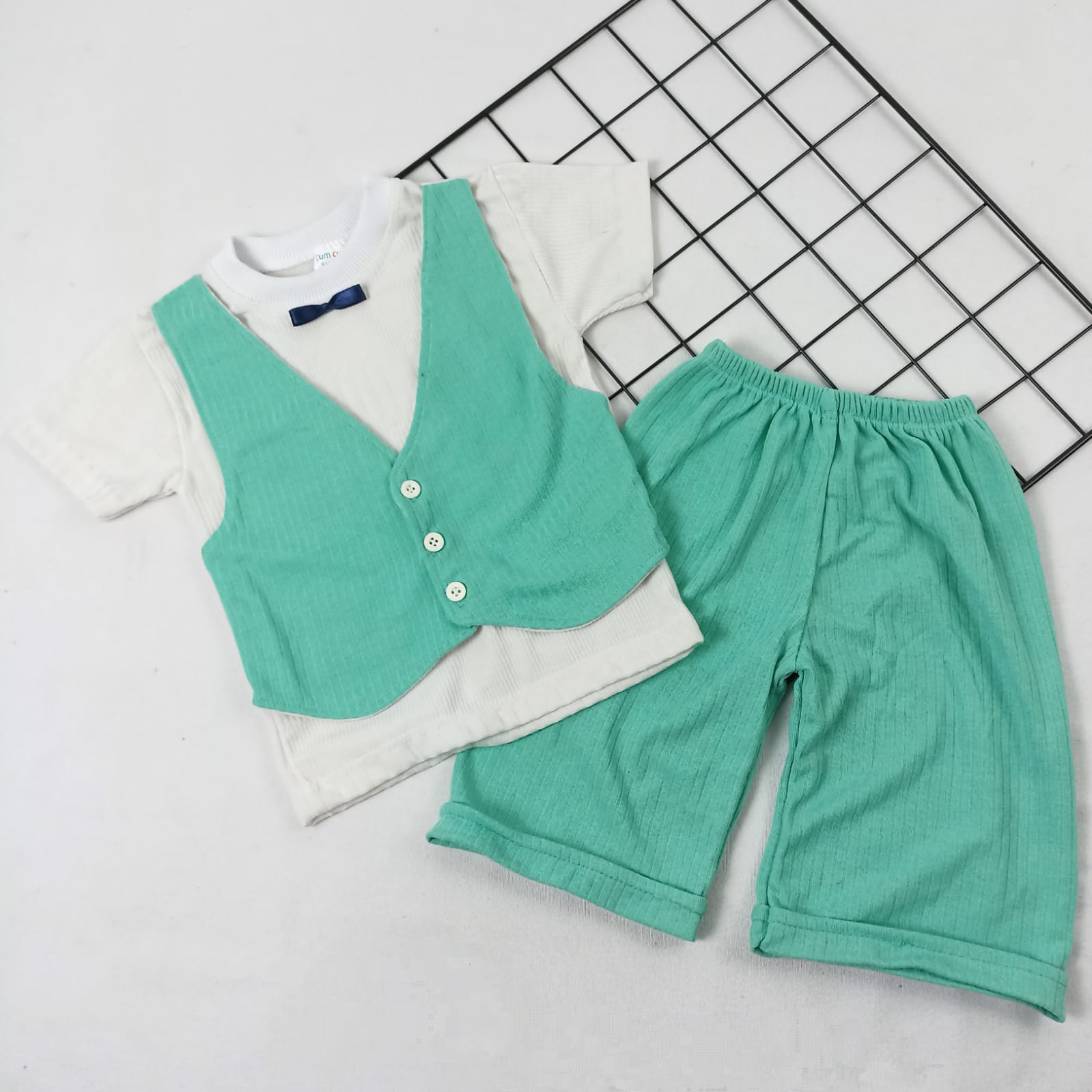 TKM-1856 Fitil Kumaş Sahte Yelekli Şortlu Takım  - Haki / 18-24