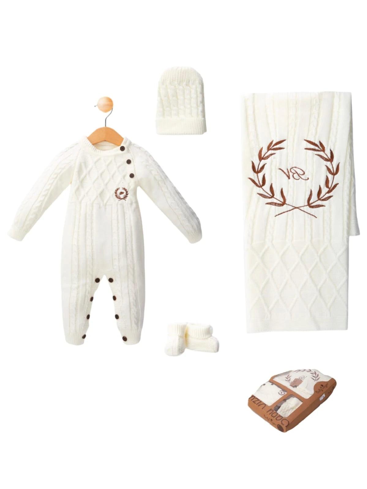 437717 ERKEK BEBEK BV ÇELENK NAKIŞLI TRİKO TULUMLU SET  - Ekru / 3-6 Ay