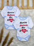2582 ANNE & BABA YAZILI 2'Lİ UZUN KOL ÇITÇITLI BADY SETİ - Mavi / 0-3 Ay
