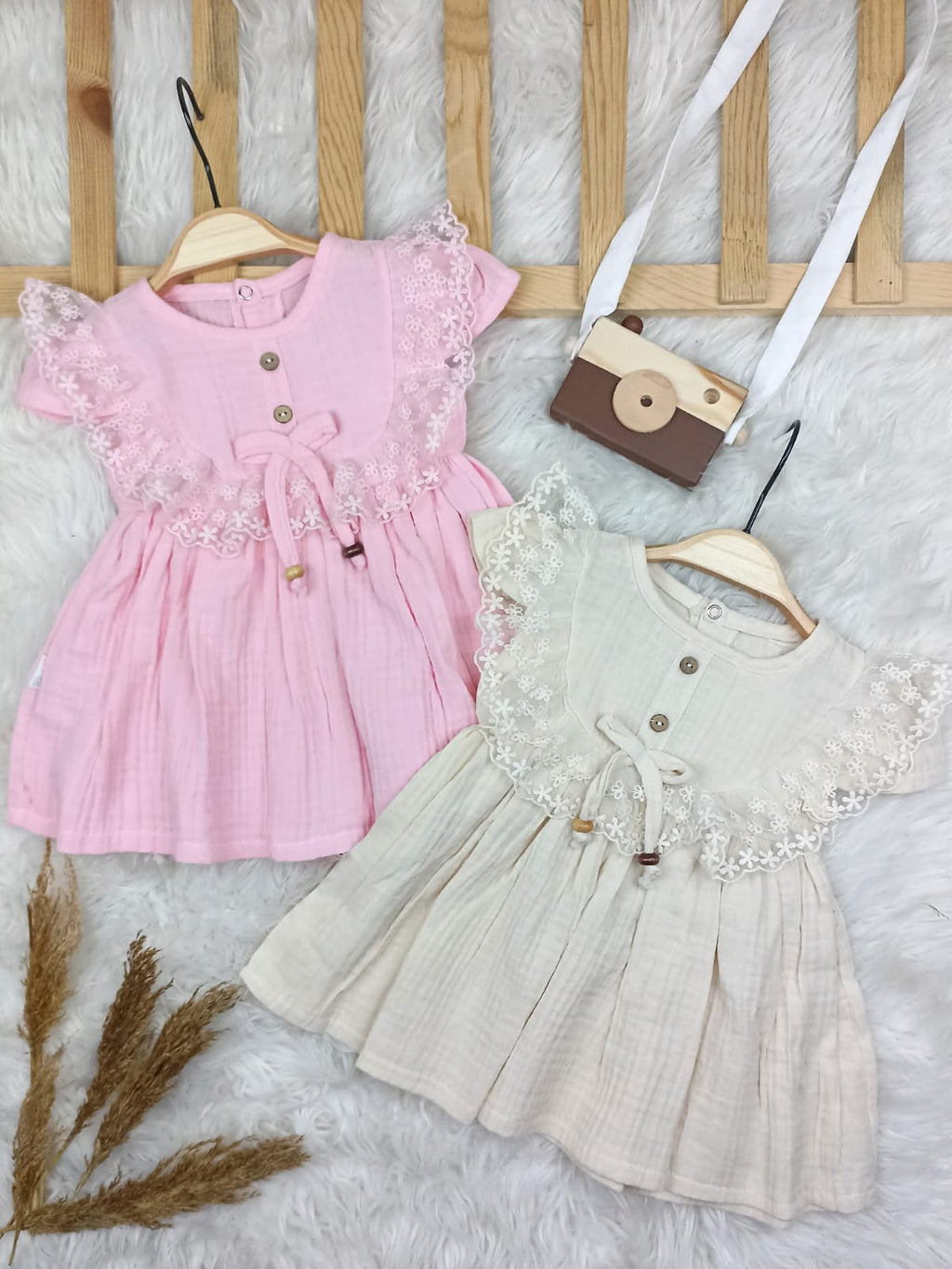 4204 GÜPÜR DETAY MÜSLİN ELBİSE  - Pembe / 6-9 Ay