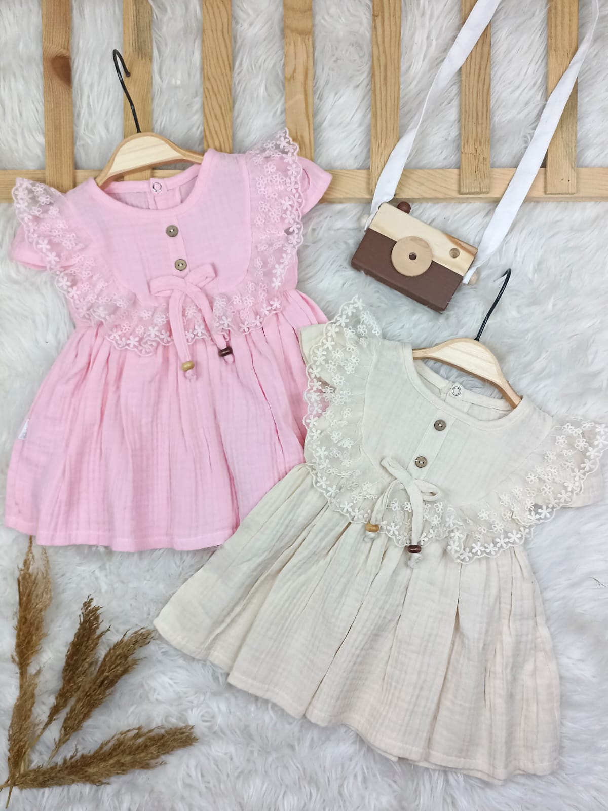 4204 GÜPÜR DETAY MÜSLİN ELBİSE  - Pembe / 6-9 Ay