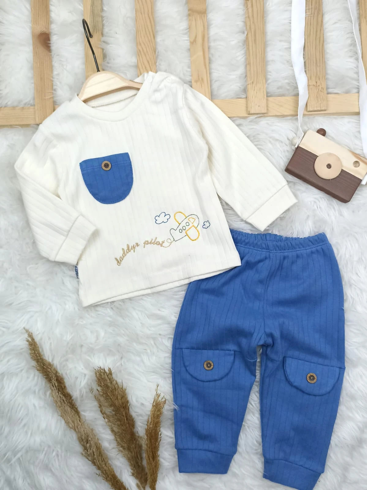 1846 PİLOT CEP KAPAKLI MEVSİMLİK TAKIM  - Kahve / 9-12 Ay