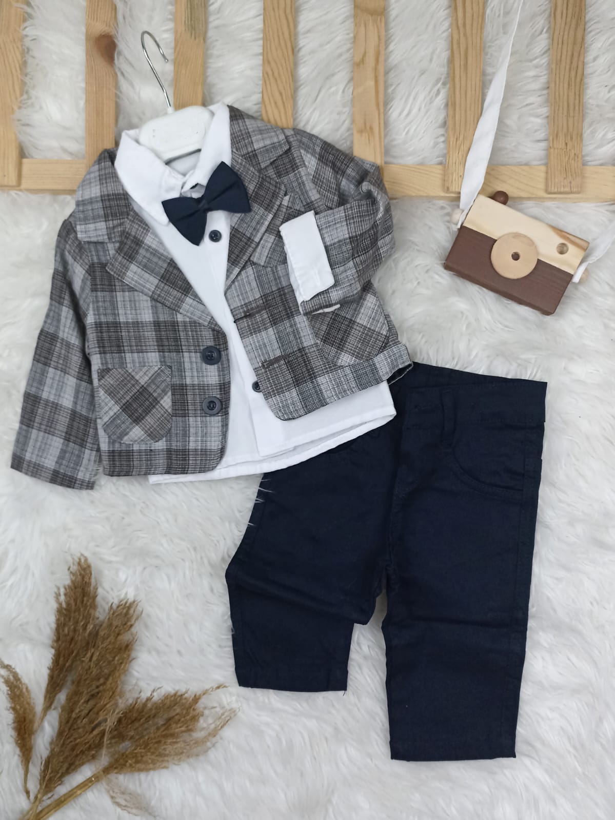 1841 İKLİMİX CEKETLİ PAPYONLU TAKIM  - Kahve / 6-9 Ay