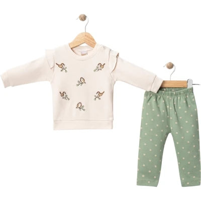 1950 KUŞ NAKIŞLI OMUZ DETAY TAKIM - Yeşil / 9-12 Ay