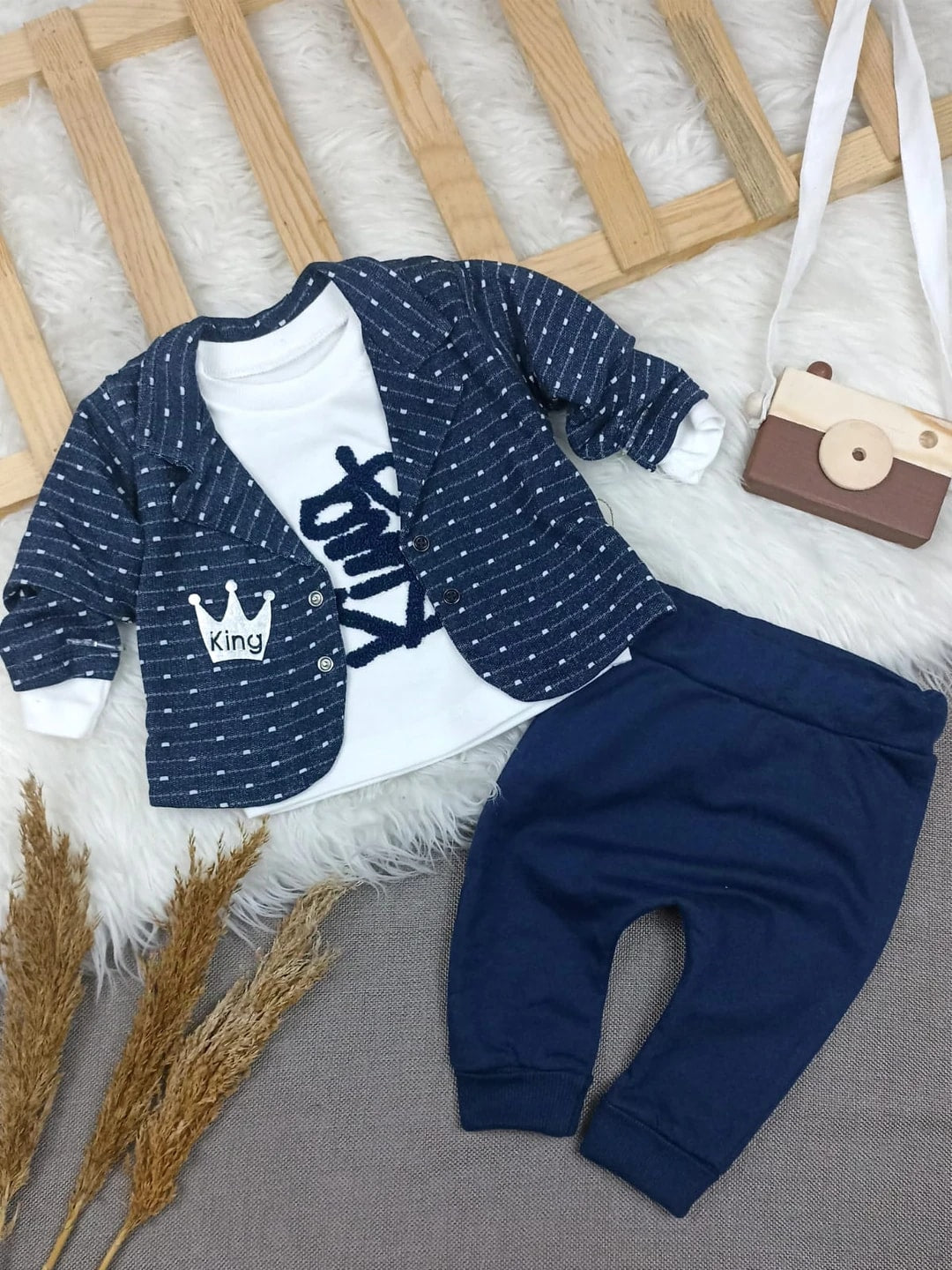 TKM-1517 KİNG CEKETLİ 3'LÜ TAKIM  - Mavi / 6-9 Ay