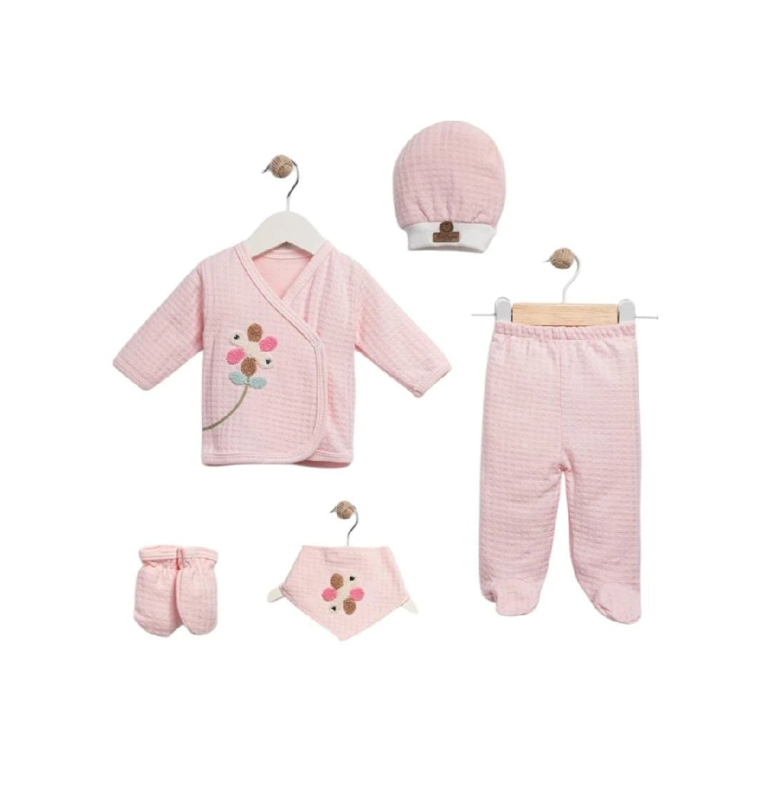 425022 ÇİÇEK NALIŞLI WAFFLE ORGANİK 5'Lİ HASTANE ÇIKIŞI SETİ