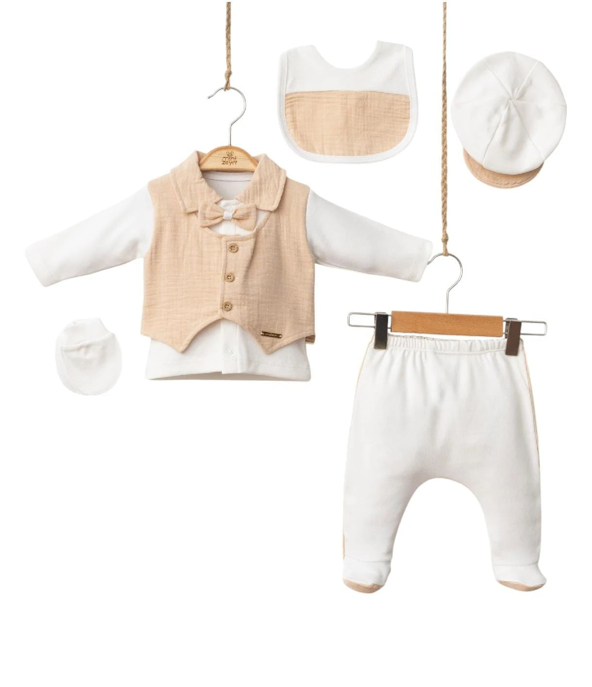 433182 MÜSLİN YELEK DETAYLI 5'Lİ HASTANE ÇIKIŞI SETİ - Mavi / 0-3 Ay