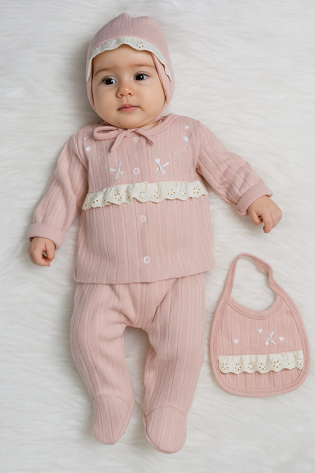 2458 FİSTOLU NAKIŞLI 5'Lİ HASTANE ÇIKIŞI SETİ  - 0-3 Ay