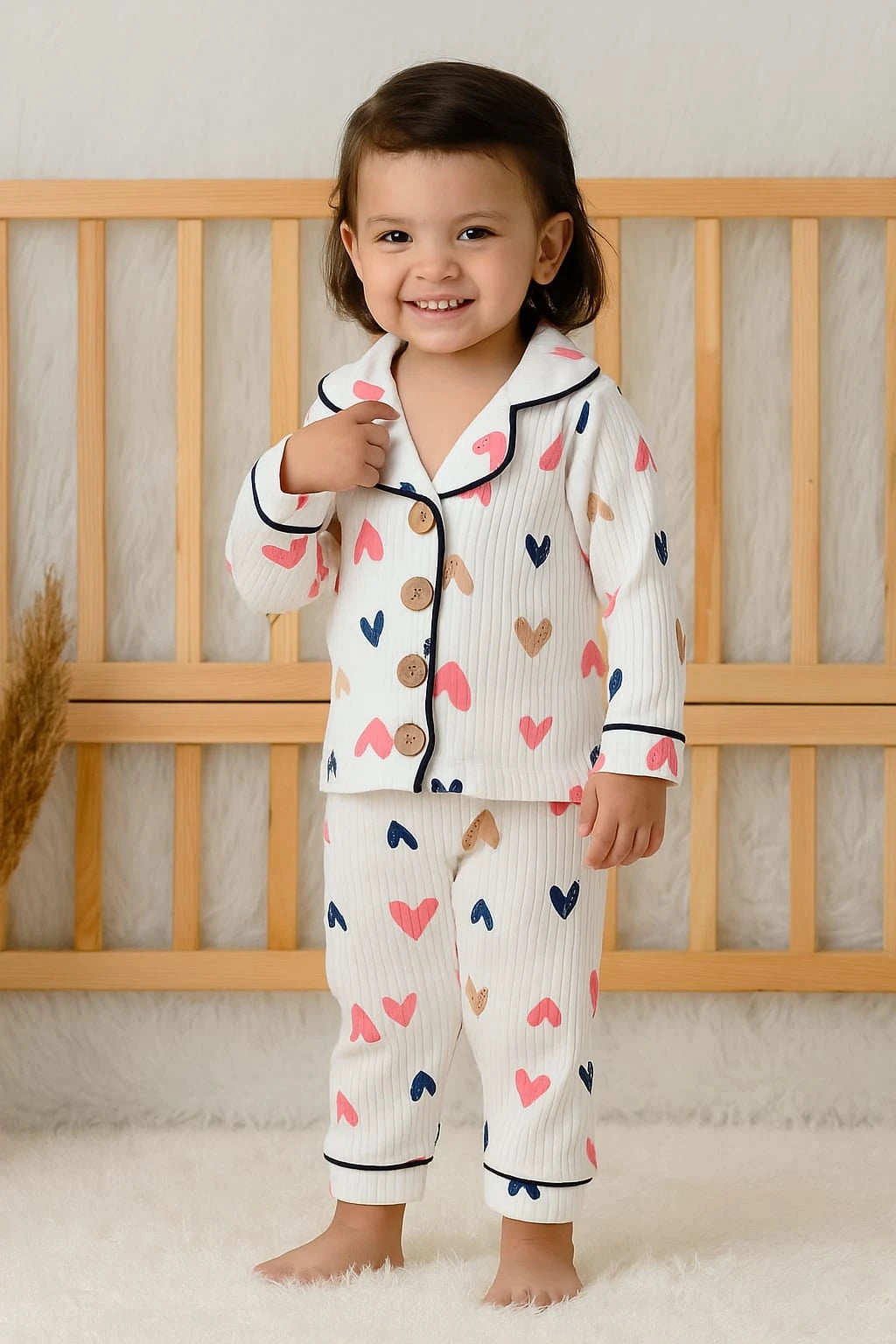 4455 RENKLİ KALP ÖNDEN DÜĞMELİ BİYELİ PİJAMA TAKIMI  - 1 Yaş