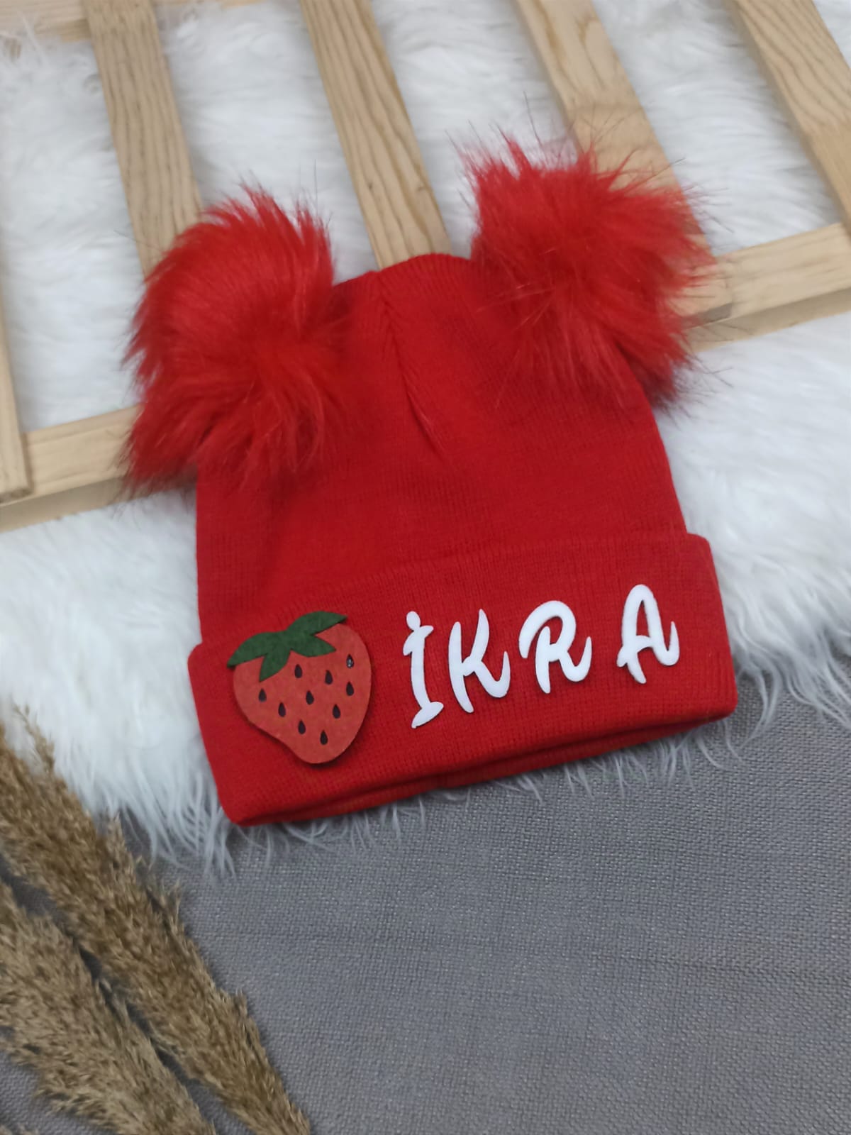 B0322 KIRMIZI PONPON KIZ İSME ÖZEL TRİKO BERE - 2