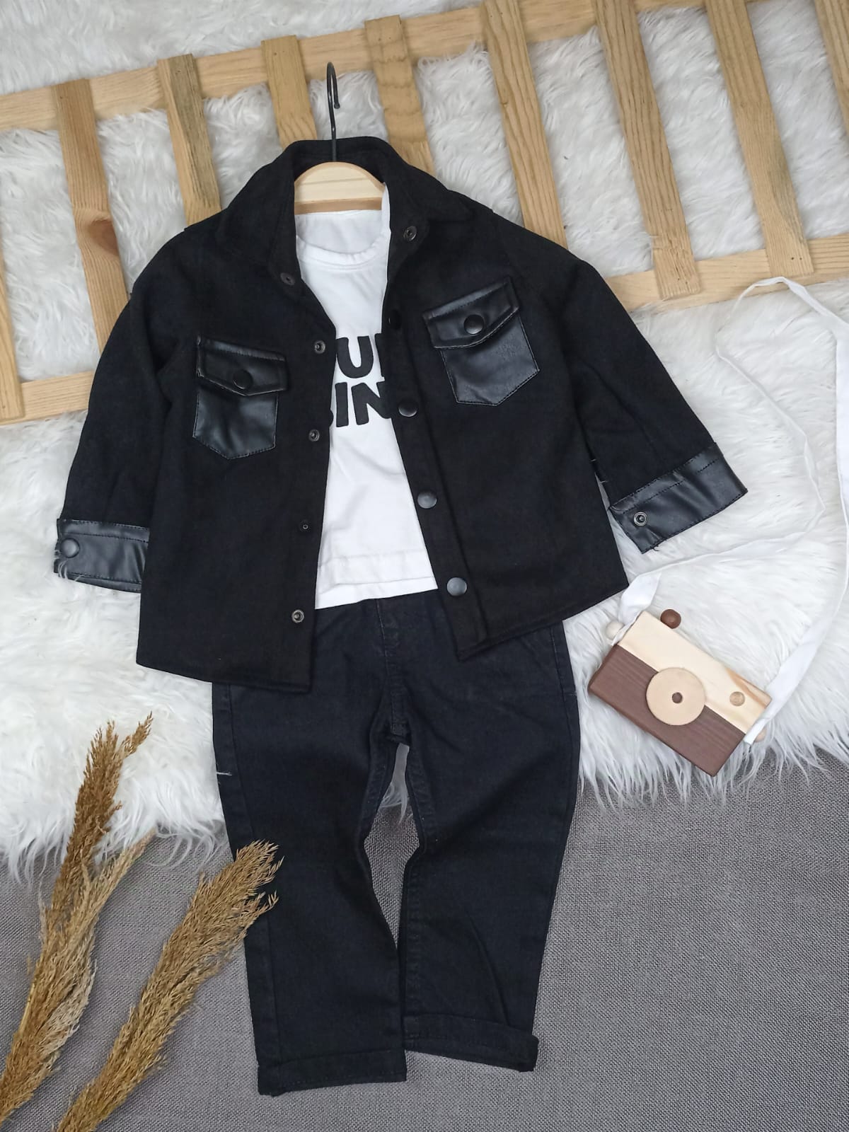 1140 NUBUK CEKETLİ KOT PANTOLONLU TAKIM  - Siyah / 9-12