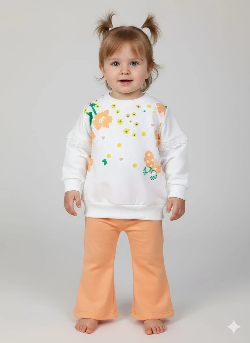 1921 ÇİÇEKLİ KOL DANTEL DETAYLI ISPANYOL PAÇA TAKIM - Pembe / 12-18 Ay