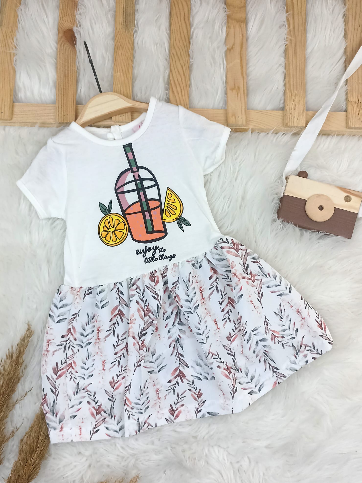 4449 İÇECEK - ÇİÇEK DESEN PENYE ELBİSE  - Turuncu / 12-18 Ay