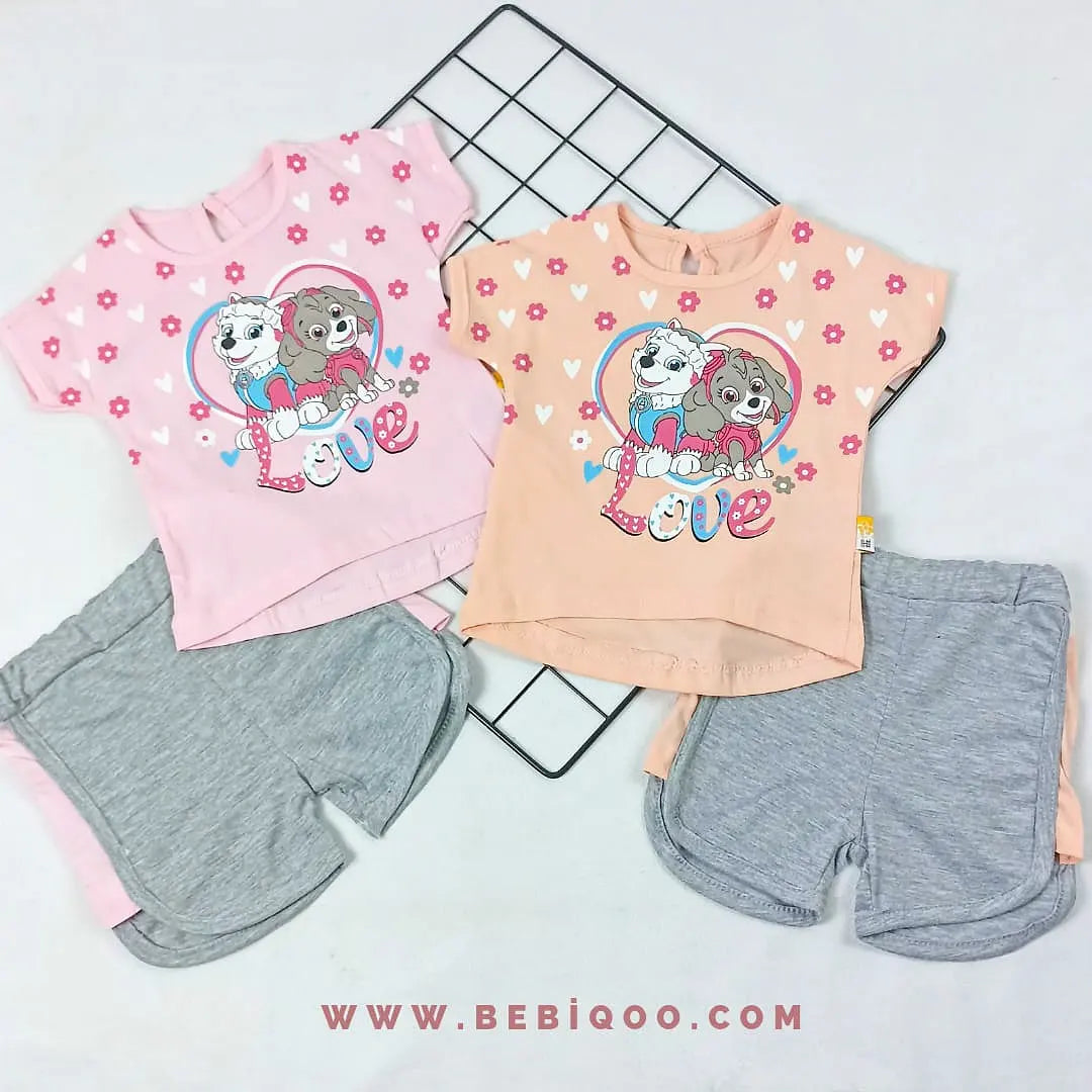TKM-1845 Love Yazılı Köpek Baskılı Şortlu Takım  - Pembe / 6-9