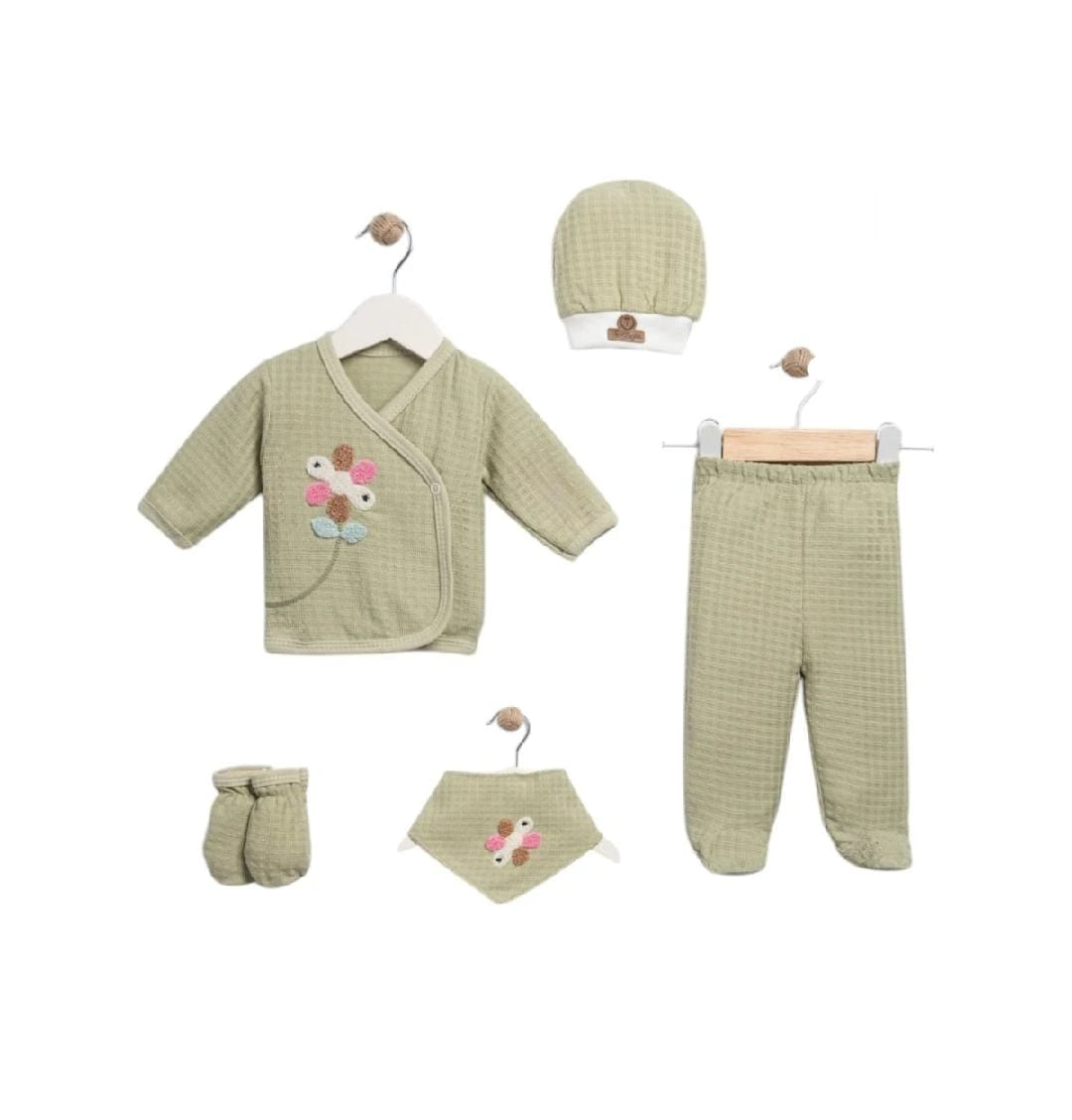 425022 ÇİÇEK NALIŞLI WAFFLE ORGANİK 5'Lİ HASTANE ÇIKIŞI SETİ  - Yeşil / 0-3 Ay