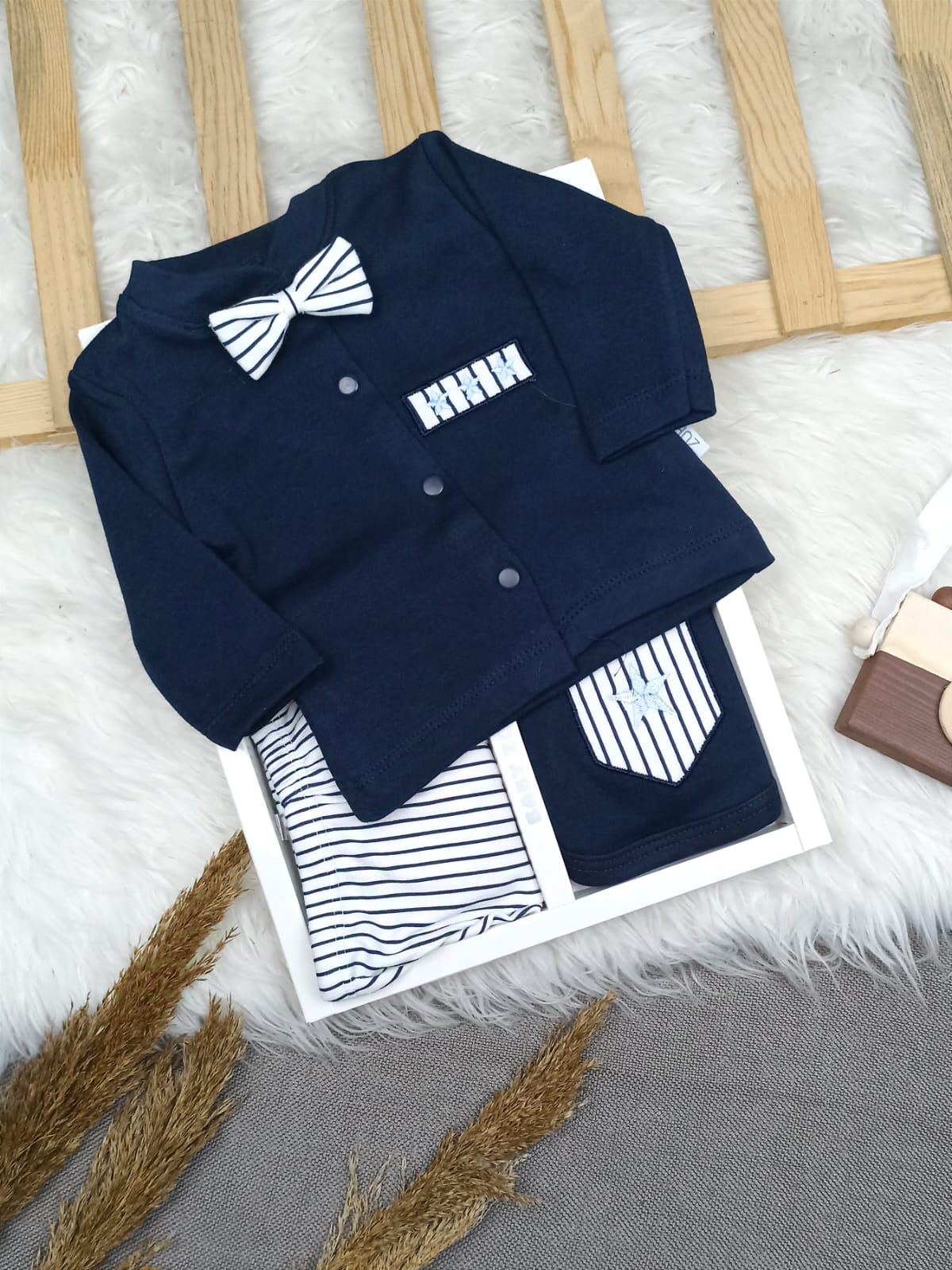 ZBN-2439 PAPYONLU ÇİZGİLİ 5'Lİ HASTANE ÇIKIŞI SETİ