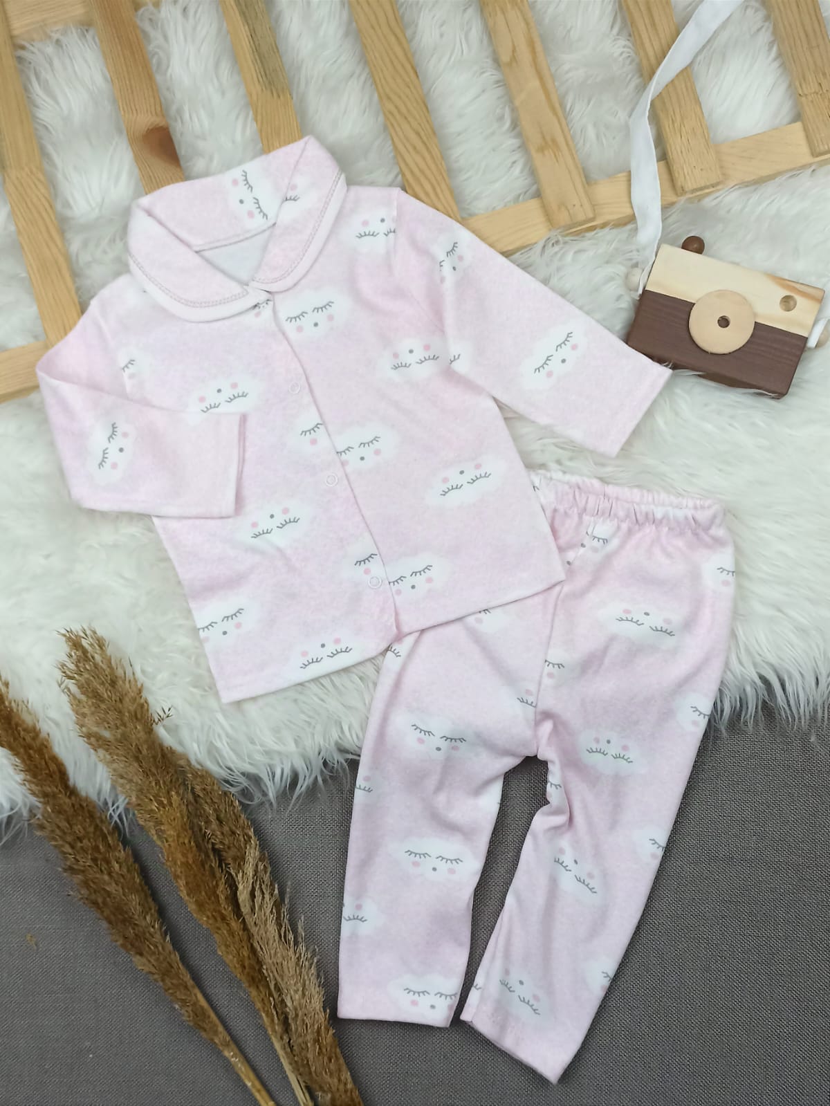 TKM-1179 BULUT DESEN BEBE YAKA ÖNDEN ÇITÇITLI TAKIM  - Pembe / 3-6 Ay