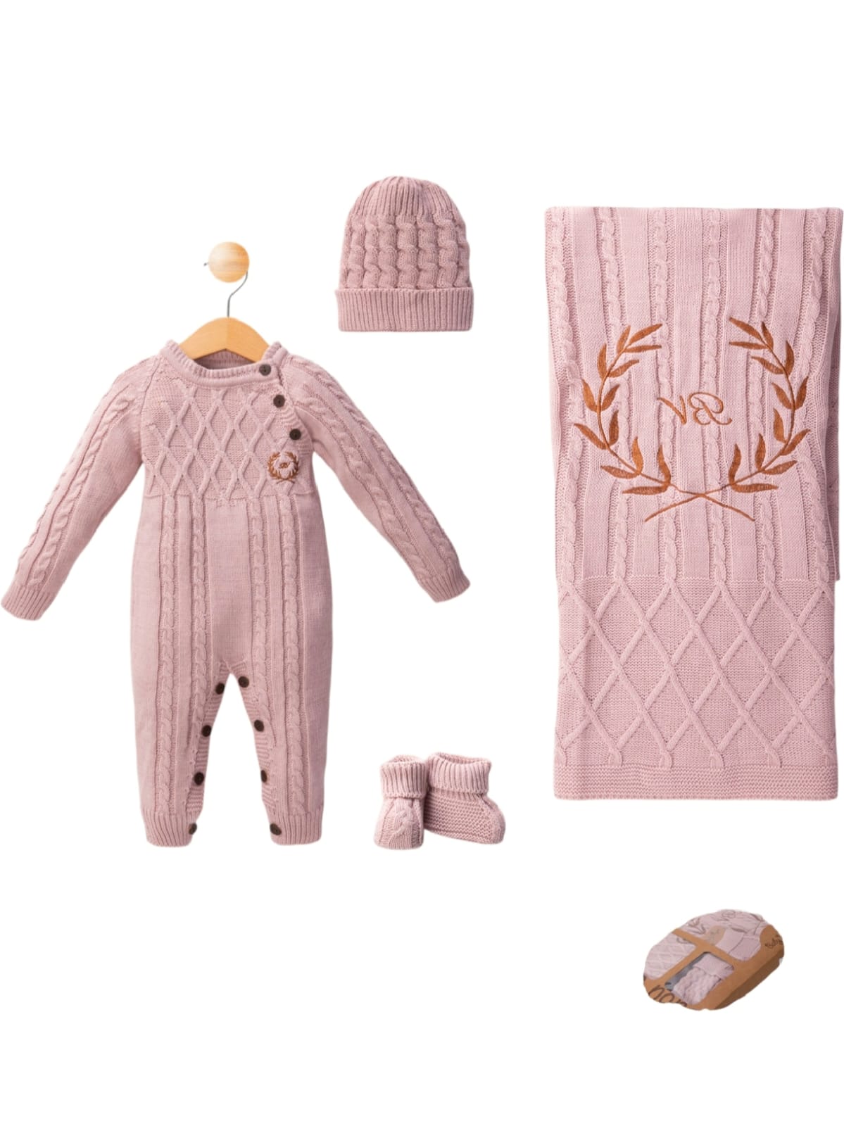 437717 KIZ BEBEK BV ÇELENK NAKIŞLI TRİKO TULUMLU SET  - Gül kurusu / 3-6 Ay