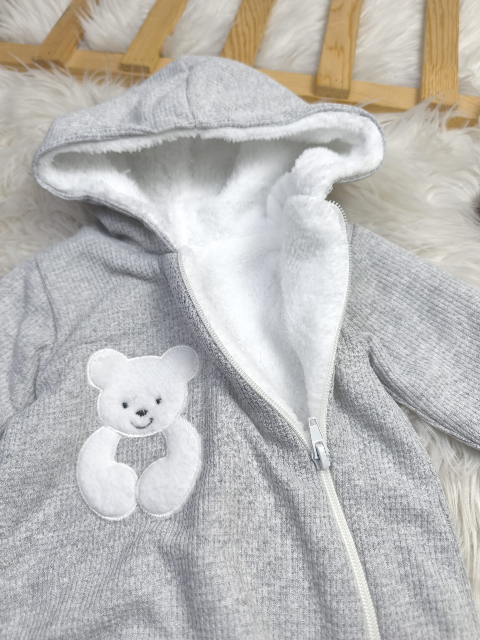 8104 YANDAN FERMUARLI KAPŞOLU KIŞLIK TULUM  - Gri / 3-6 Ay