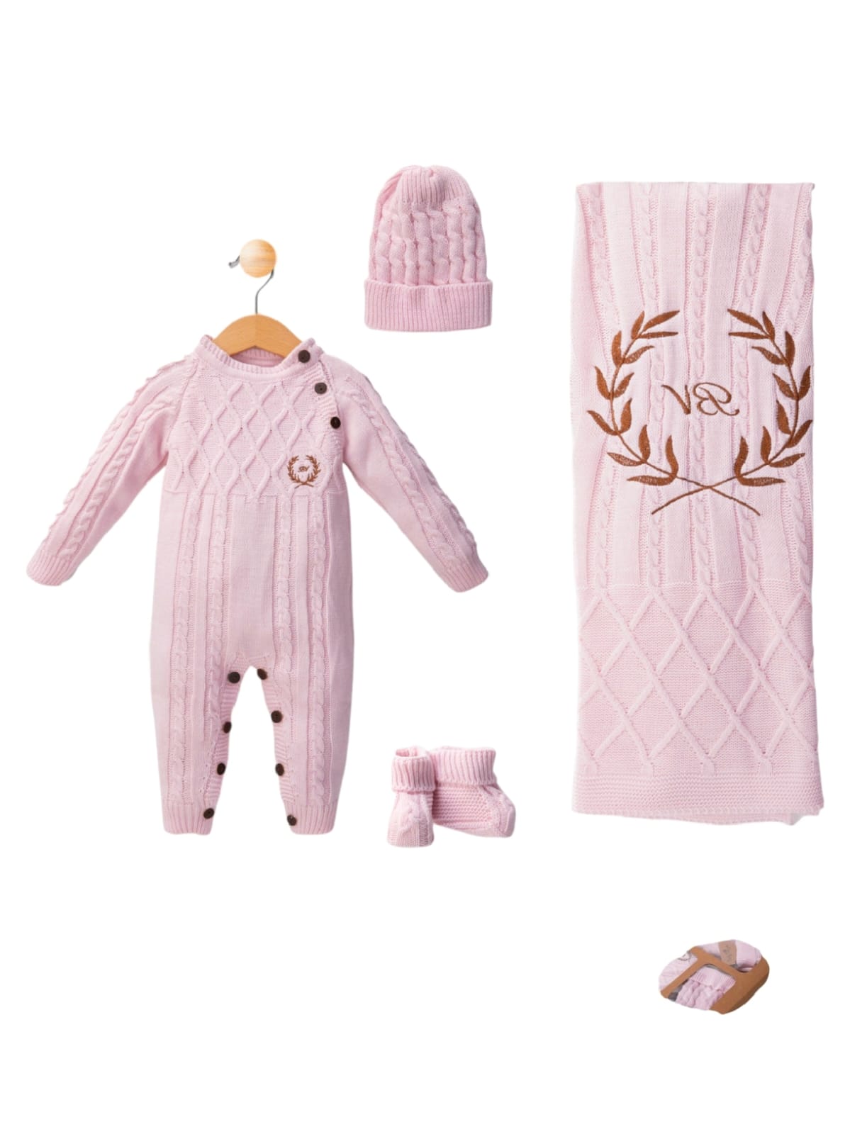 437717 KIZ BEBEK BV ÇELENK NAKIŞLI TRİKO TULUMLU SET  - Pembe / 3-6 Ay