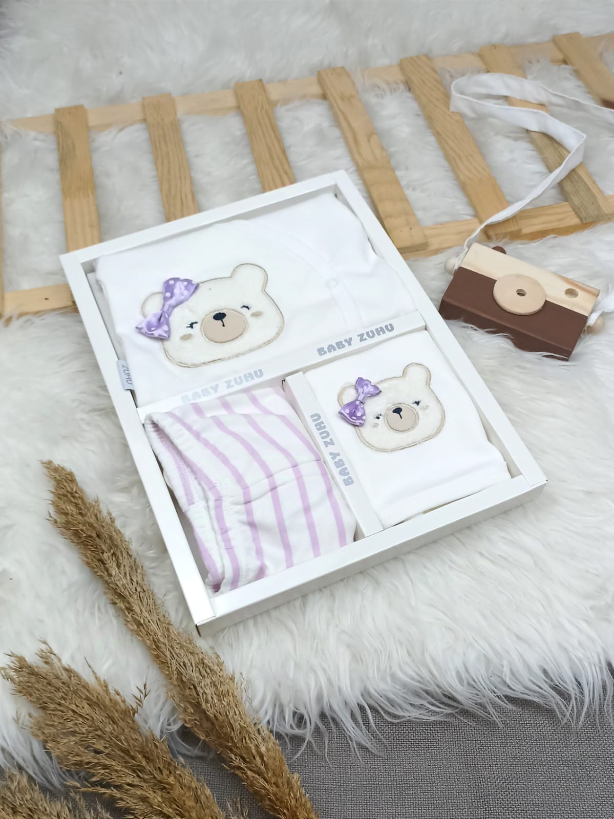 ZBN-2444 AYICIK ÇİZGİLİ KIZ BEBEK  5'Lİ HASTANE ÇIKIŞI SETİ