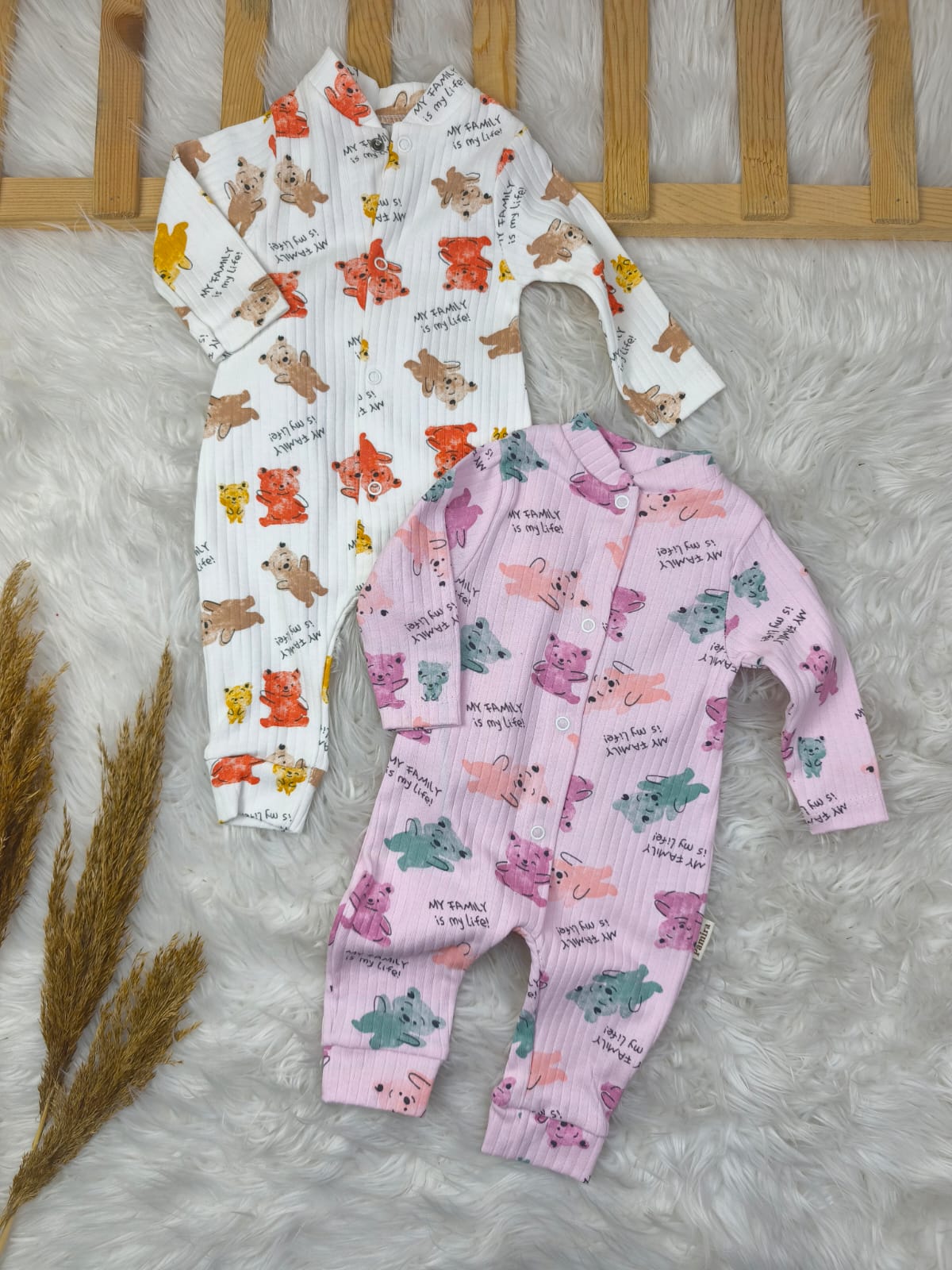 8106 RENKLİ AYICIK 2'Lİ PENYE TULUM SETİ - bej / 3-6 Ay