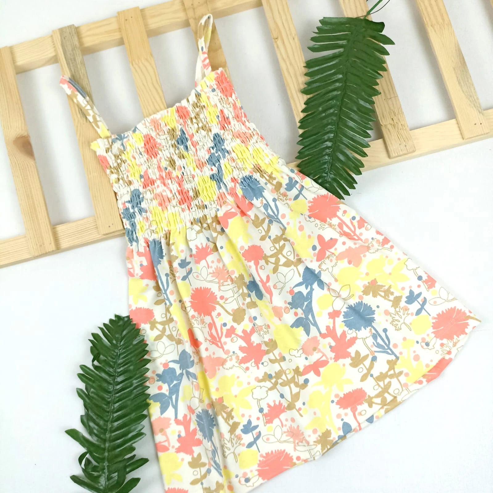 ELB-2331 Sarı Çiçekli Gipeli Penye Elbise  - 1-2