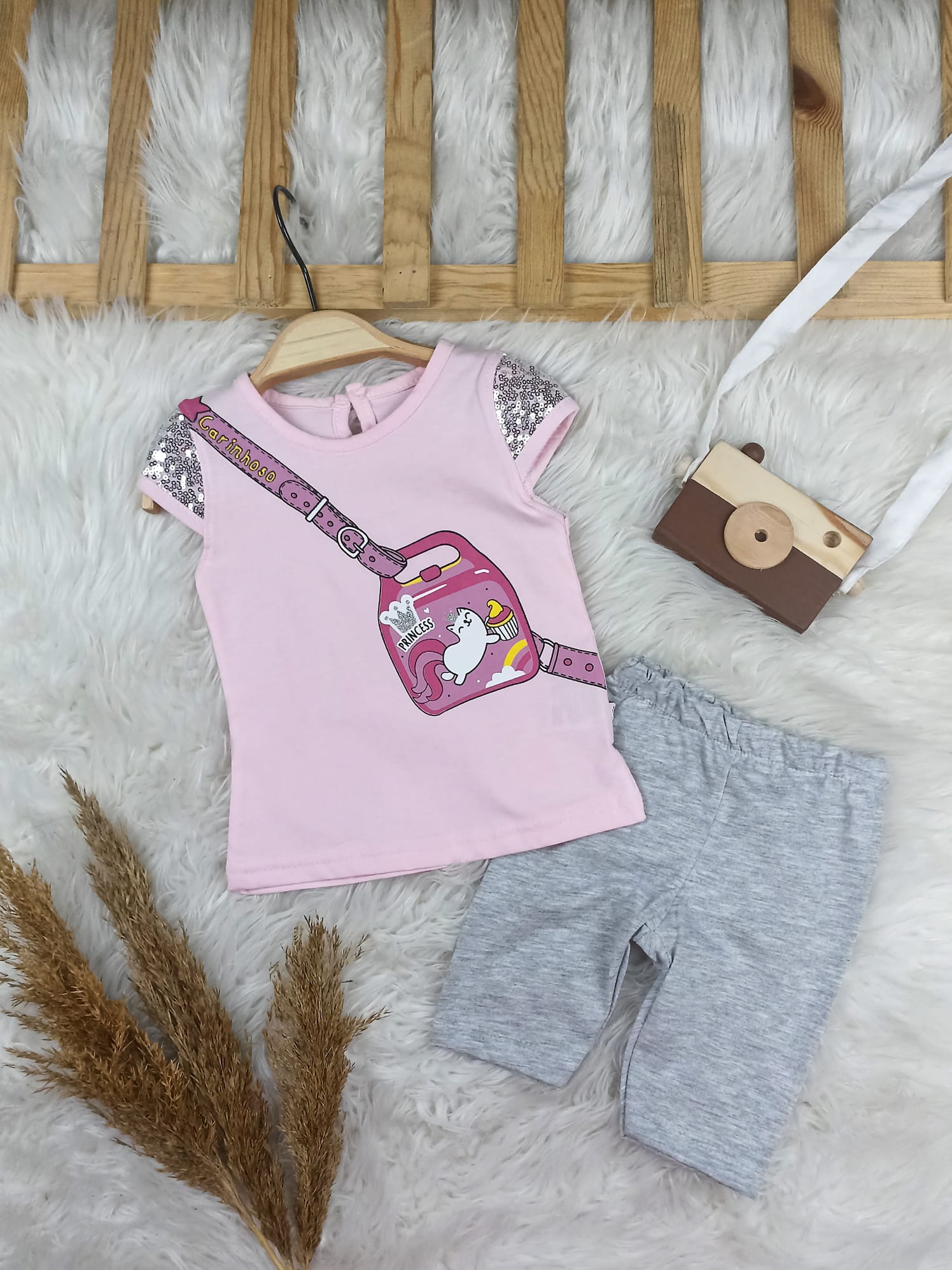 1267 ÇANTA BASKILI PUL DETAYLI TAYTLI TAKIM  - Gül kurusu / 9-12 Ay