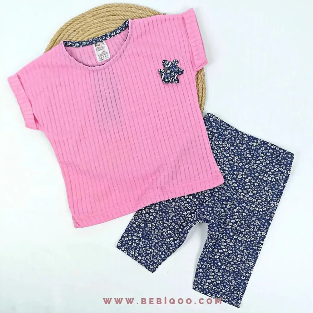 TKM-1859 Fitil Kumaş Çiçek Nakışlı Taytlı Takım  - Somon / 9