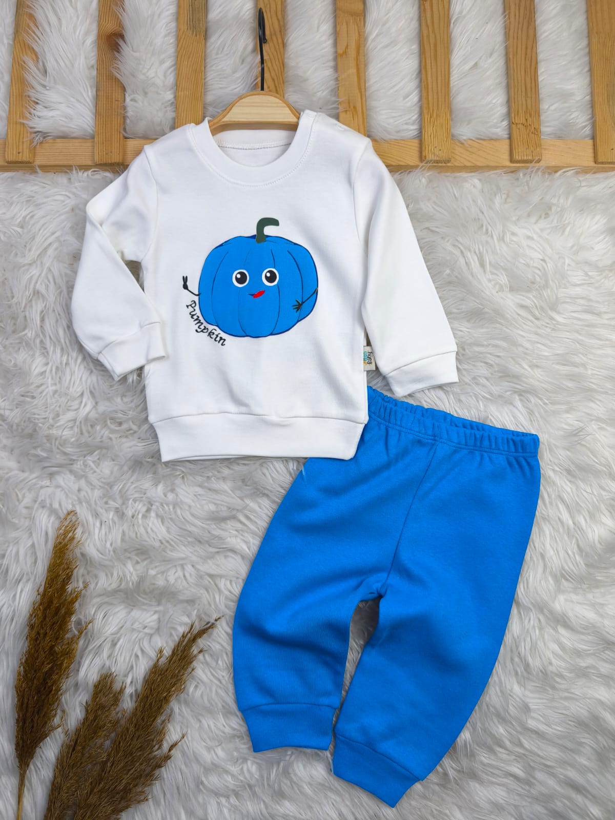 1864 KABAK KABARTMA BASKI MEVSİMLİK TAKIM  - Saks mavi / 6-9 Ay