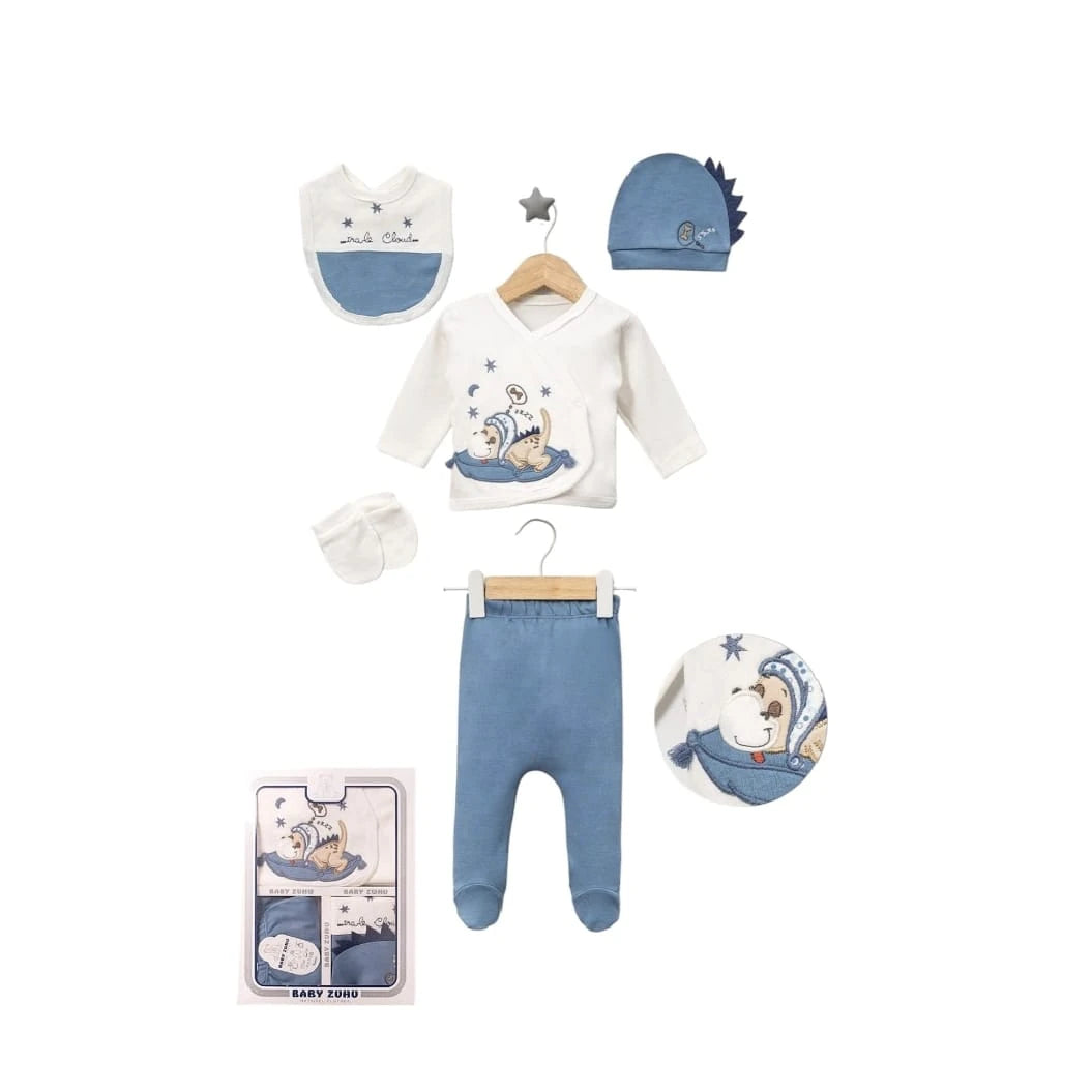 421718 DİNO NAKIŞLI ERKEK BEBEK 5'Lİ HASTANE ÇIKIŞI SETİ - Mavi / 0-3 Ay
