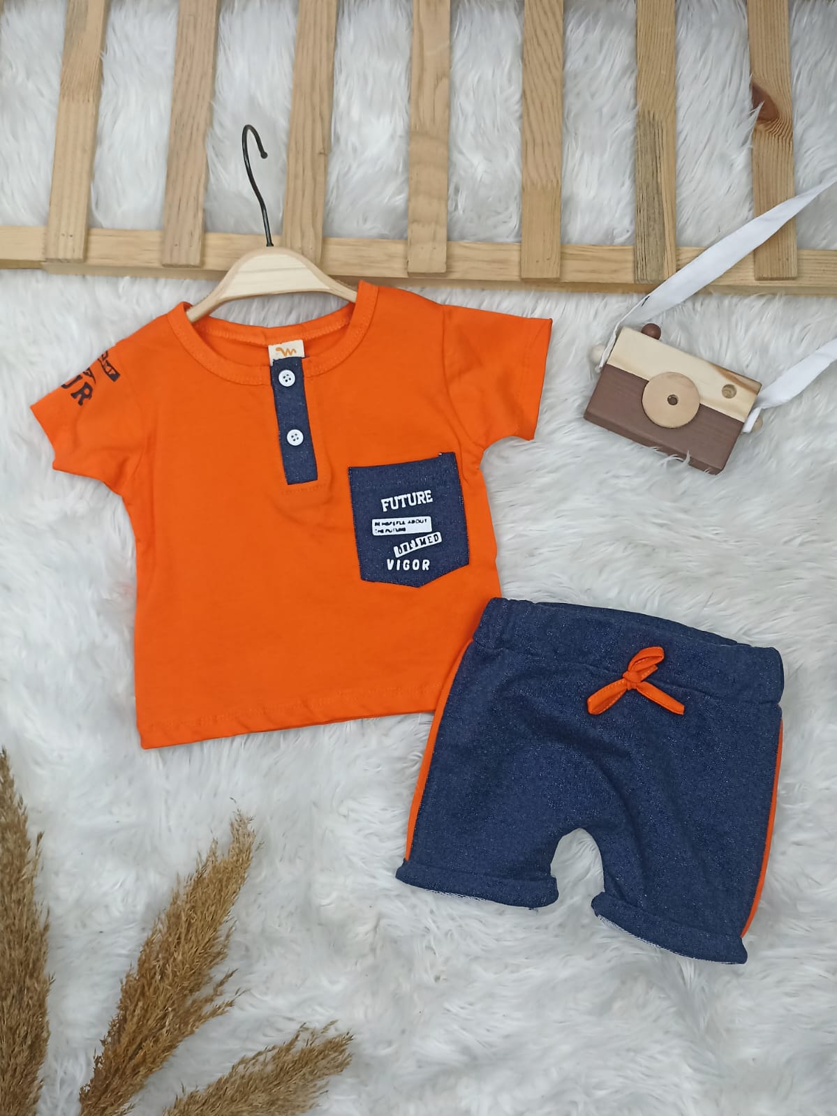 TKM-1113 Düğme Cep Detaylı Şortlu Takım  - Mavi / 9-12 Ay