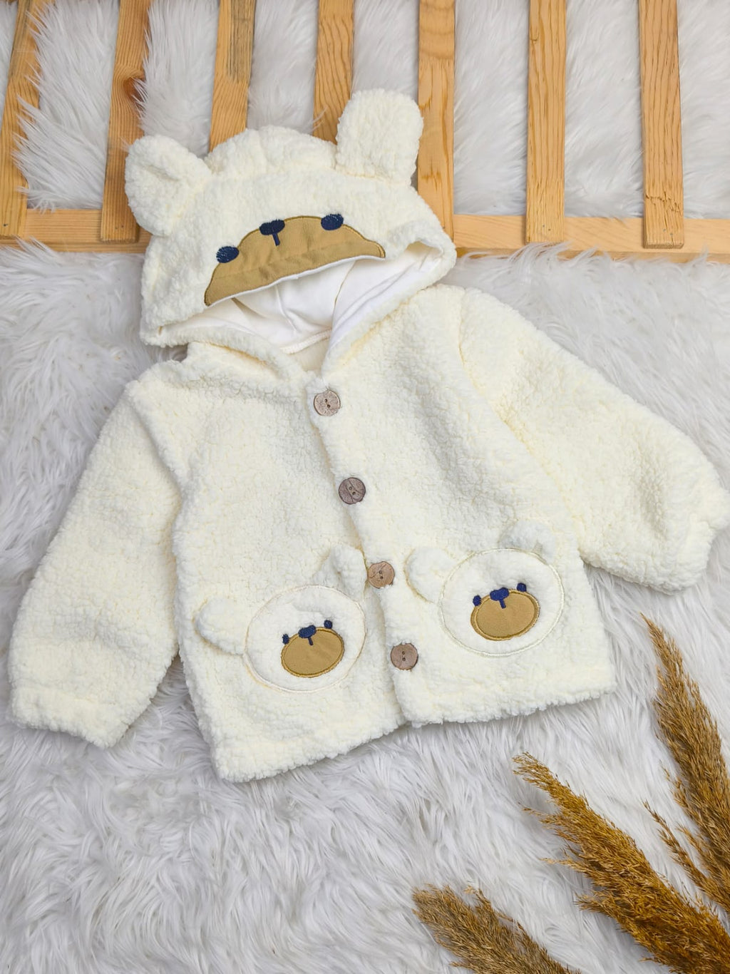 2589 AYICIK KULAKLI KAPŞONLU CEP DETAY KUZU WELSOFT MONT  - Ekru / 2 Yaş