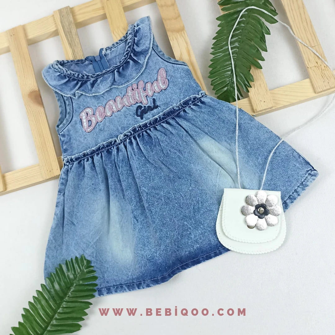 Kız Bebek  Beautıful Yazı Nakışlı Çantalı Kot Elbise  - 9