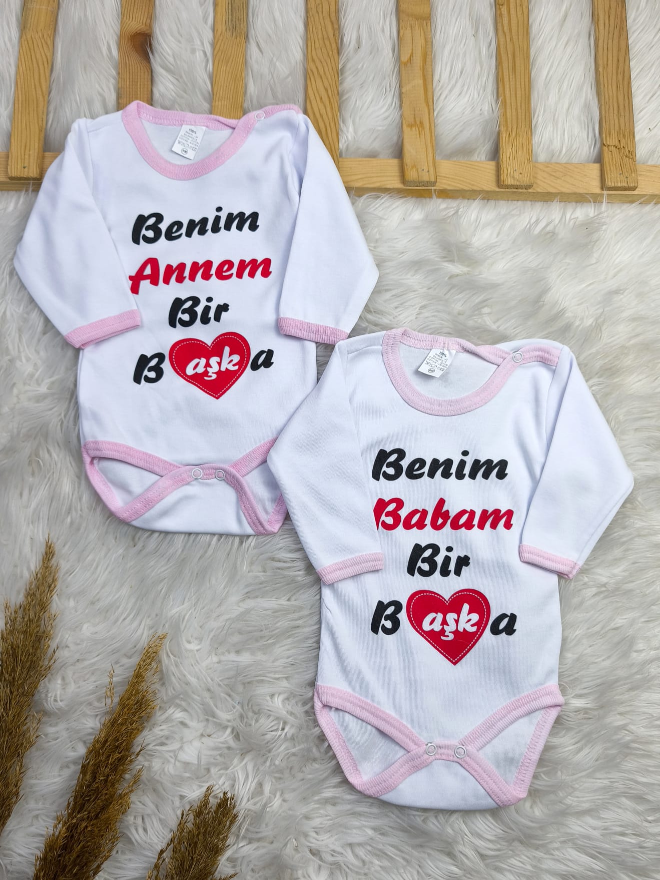 2582 ANNE & BABA YAZILI 2'Lİ UZUN KOL ÇITÇITLI BADY SETİ - Mavi / 3-6 Ay