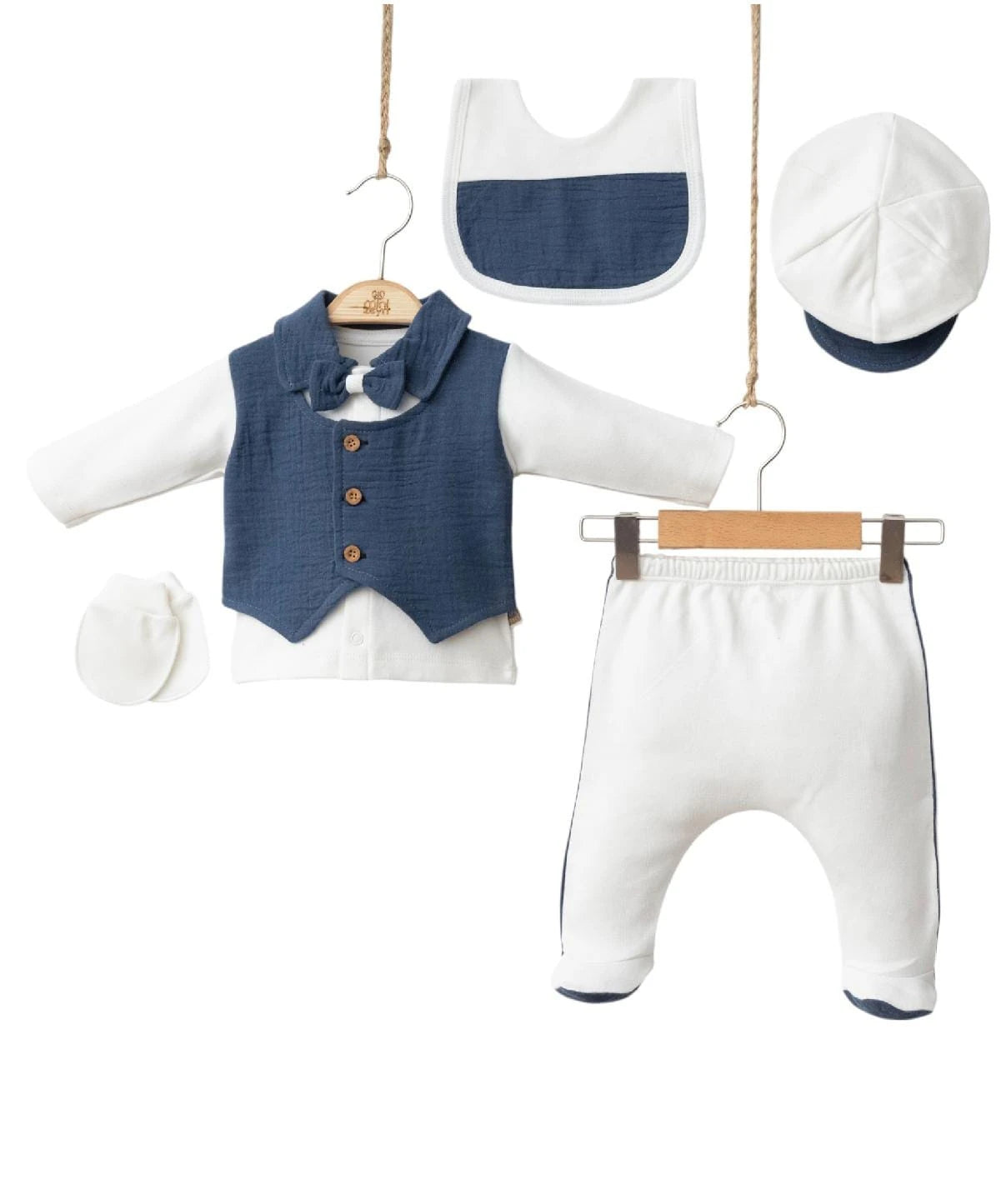 433182 MÜSLİN YELEK DETAYLI 5'Lİ HASTANE ÇIKIŞI SETİ