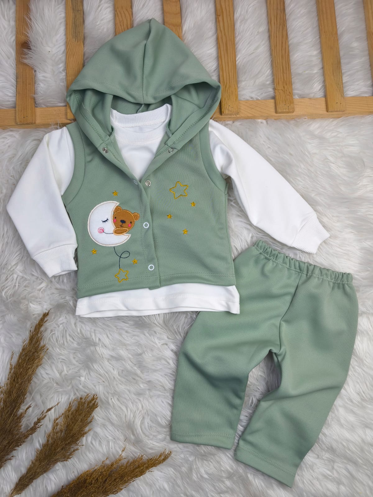 1891 KAPŞONLU YELEKLİ AY YILDIZ NAKIŞLI 3'LÜ TAKIM  - Fuşya / 9-12 Ay