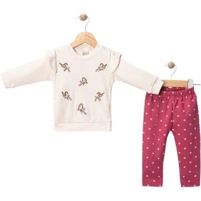 1950 KUŞ NAKIŞLI OMUZ DETAY TAKIM - Somon / 9-12 Ay